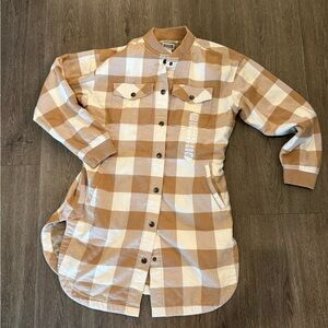 Folklore Flannel Tan and White Plaid Long Lined Jacket